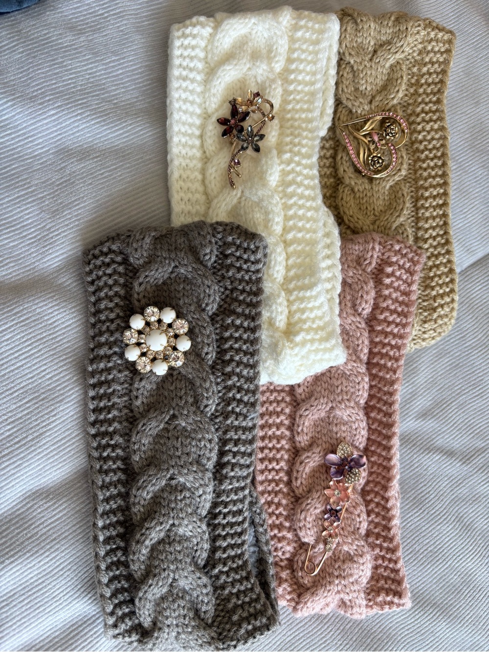 Ivory Knit Headband with Decorative Floral Brooch - Picture 3 of 4